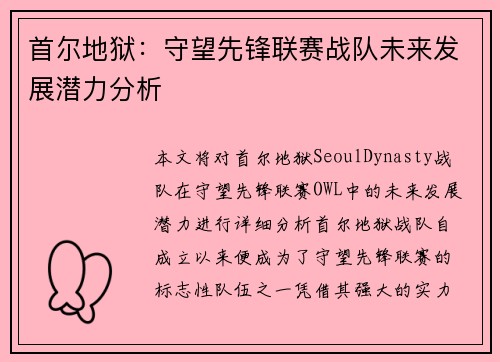 首尔地狱:守望先锋联赛战队未来发展潜力分析 首尔地狱:守望先锋联赛战队未来发展潜力分析