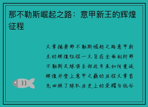 那不勒斯崛起之路：意甲新王的辉煌征程