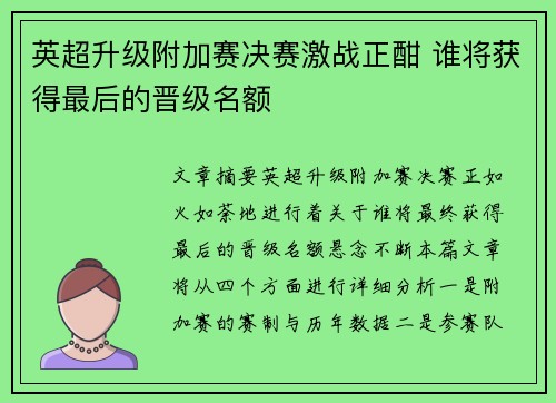 英超升级附加赛决赛激战正酣 谁将获得最后的晋级名额